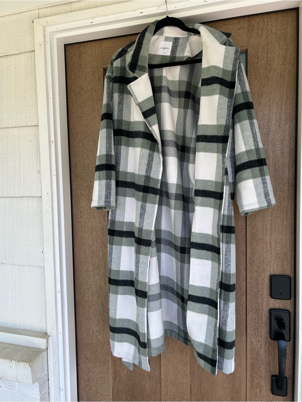 Plaid Open-Front collared Sweater Coat - Sage Green, black & White